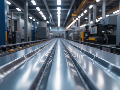 Modern manufacturing facility with industrial equipment and machinery, clean workshop environment with engineers working on production line